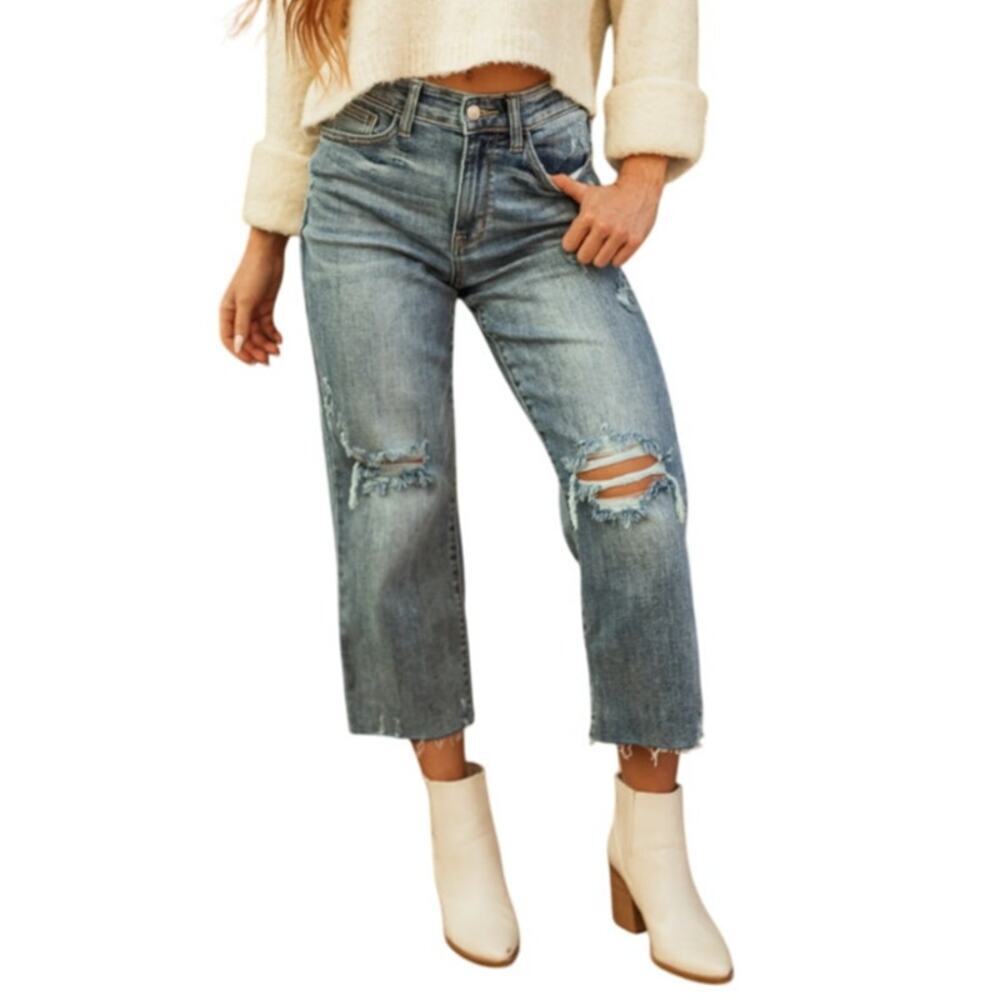 Judy Blue Light Wash Distressed Wide Crop Jeans JB82256LT Blue Wash Women 20W